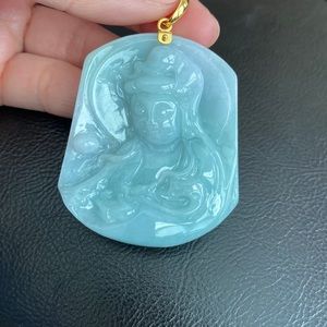 14K Solid Gold Carving Kwan Yin Female Buddha Jade Pendant Large Heavy